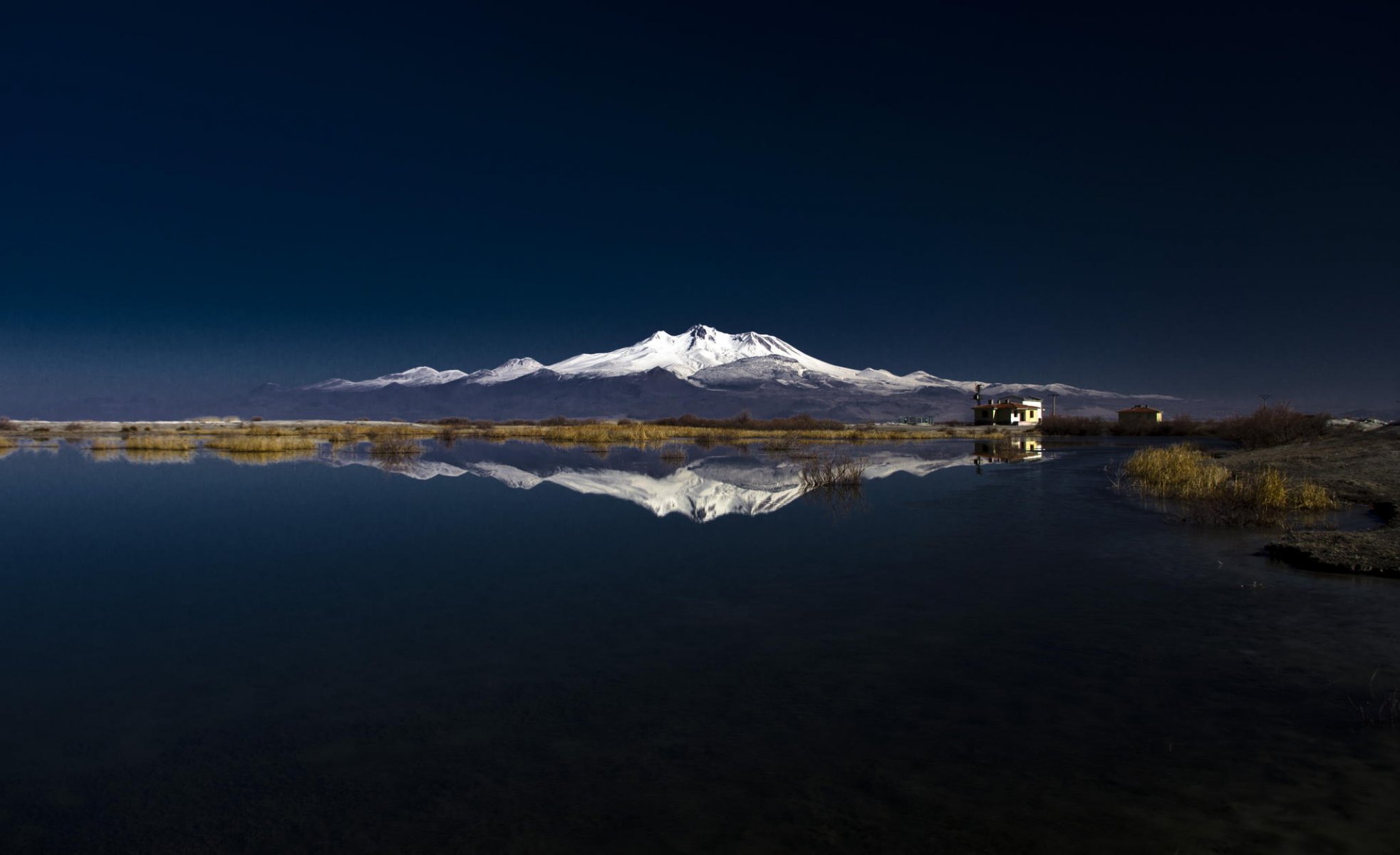 mountain lake reflection snow nature