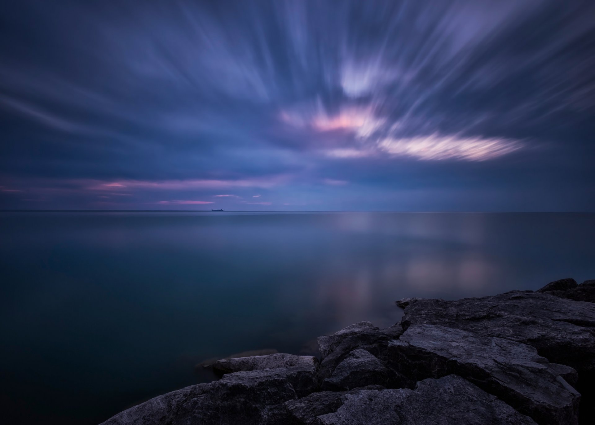 canadá ontario lago huron costa piedras tarde anochecer puesta de sol cielo nubes