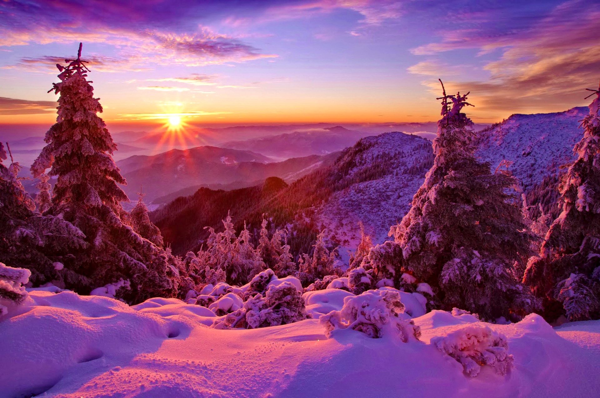 himmel sonnenuntergang winter berge wald bäume fichte schnee