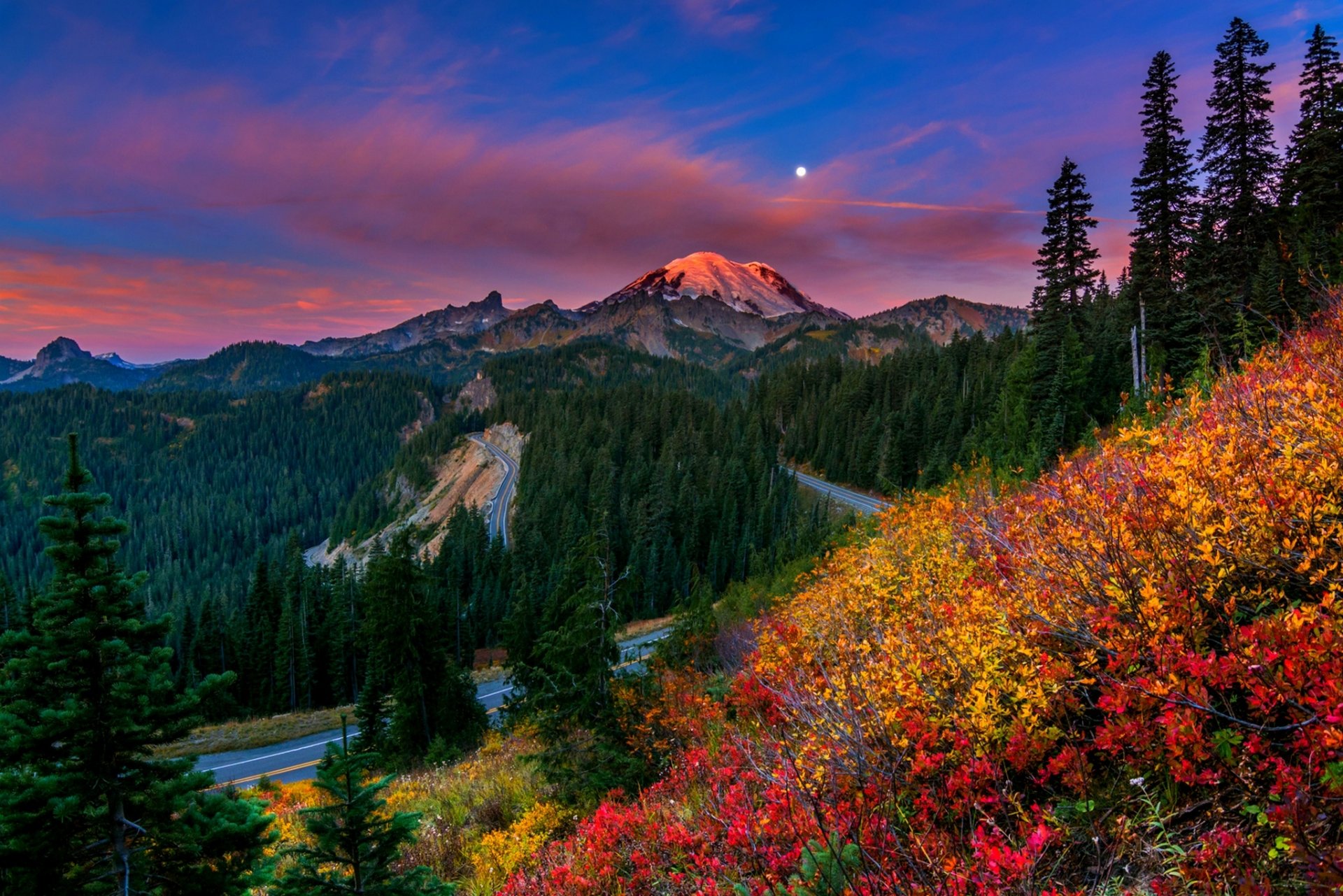 nature coucher de soleil montagnes ciel nuages forêt parc arbres couleurs fleurs marche nuages herbe