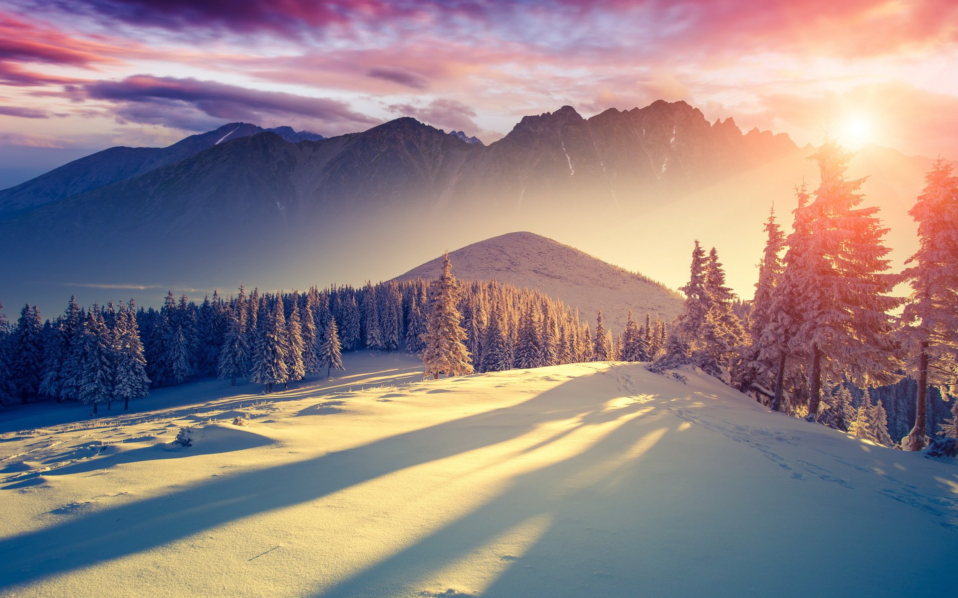 winter natur landschaften schnee kälte frische berge bäume himmel sonne licht wolken schatten fichte stille dezember januar februar 2014 widescreen desktop-hintergrund