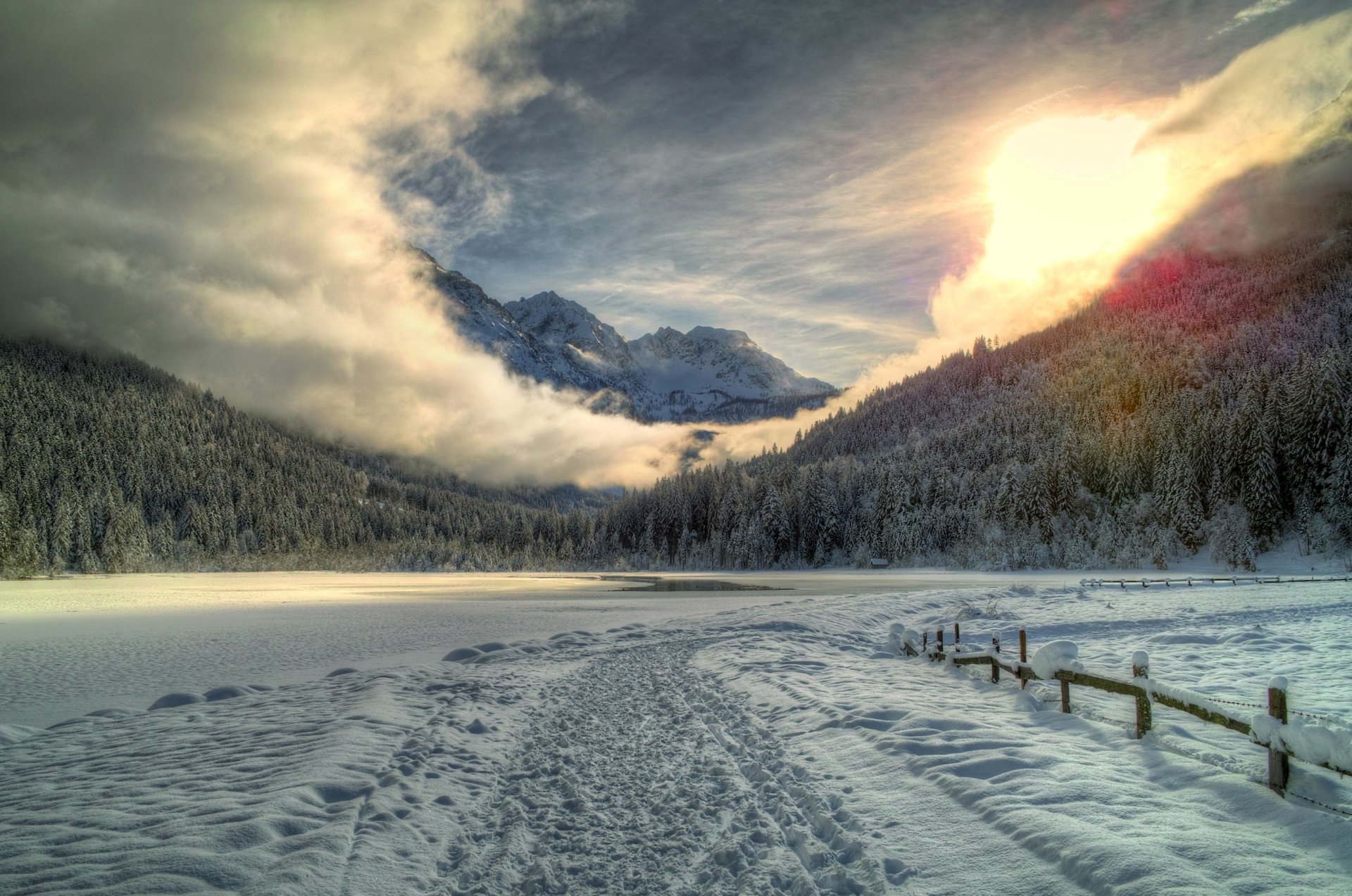 lake road mountain forest snow fog light photo burtn deviantart