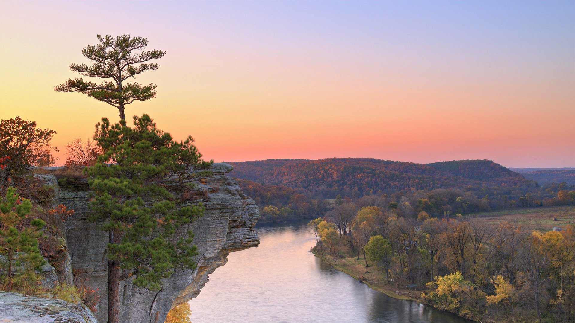 ky sunset mountain rock forest tree river autumn