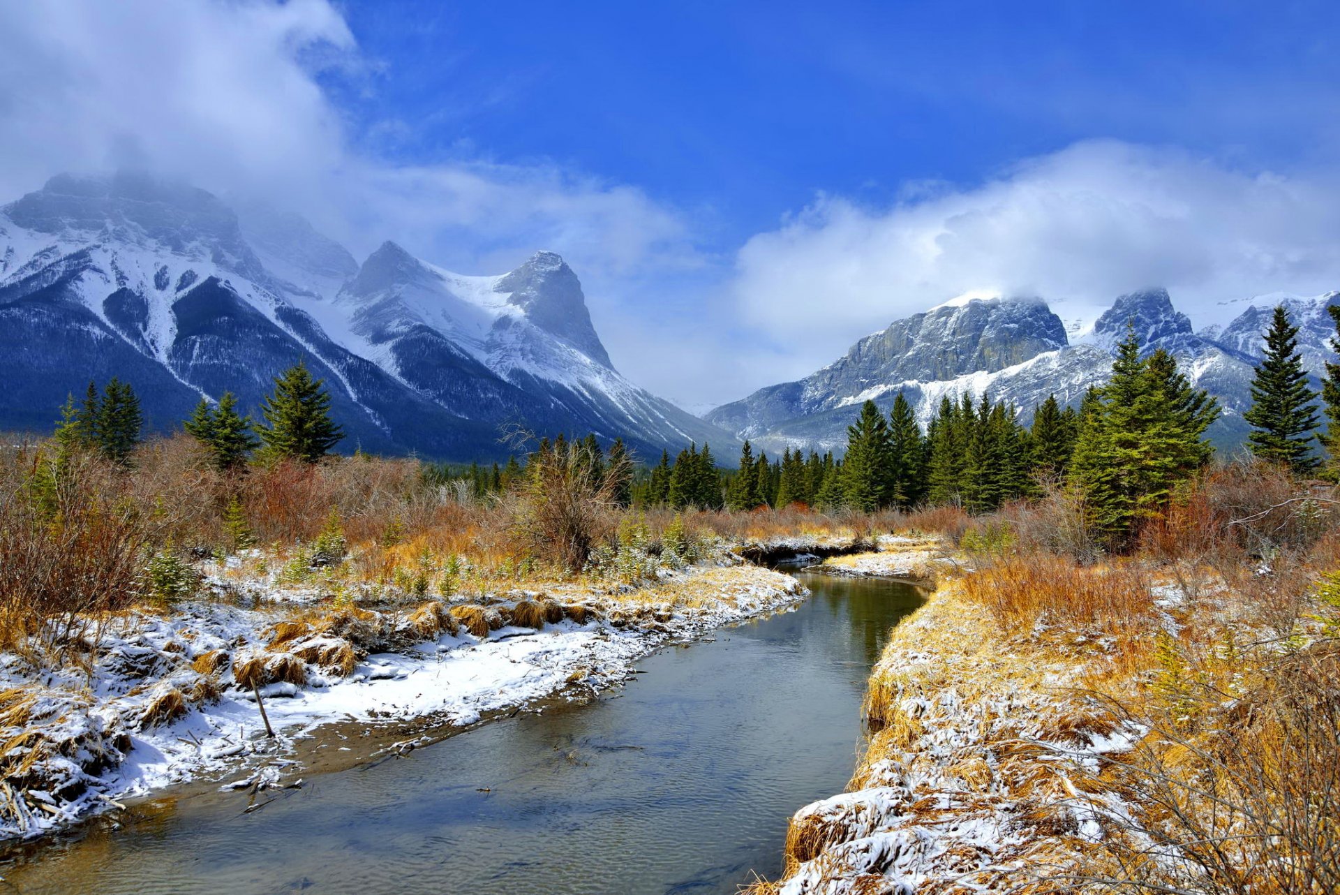 berge schnee fluss bäume himmel wolken