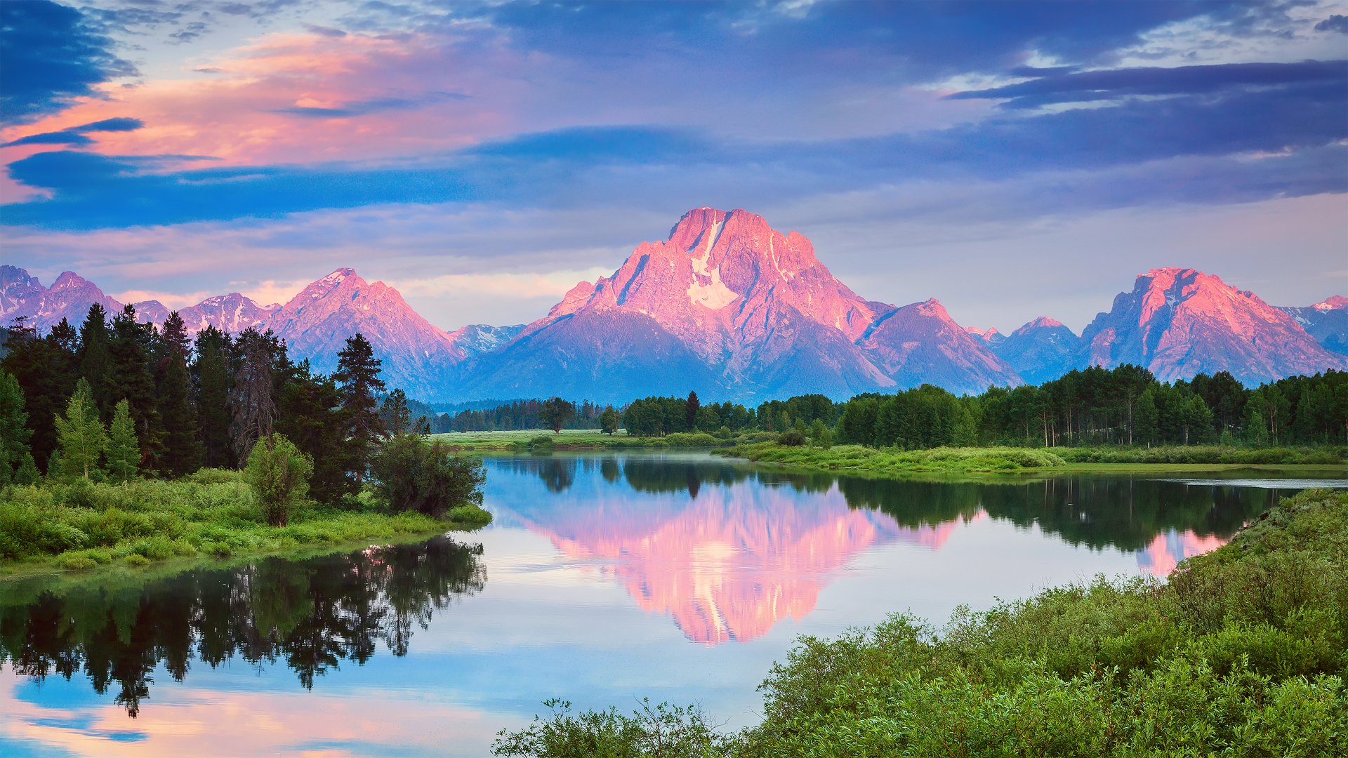 estados unidos wyoming parque nacional grand teton remanso de la curva montañas agua bosque mañana reflexiones nubes verano julio