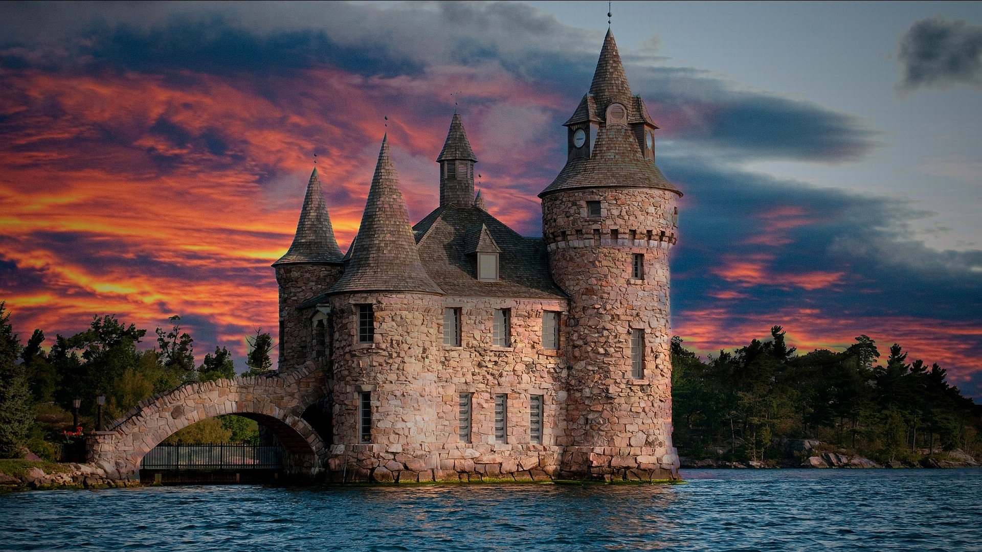 cielo nubes puesta de sol castillo torre árboles lago río