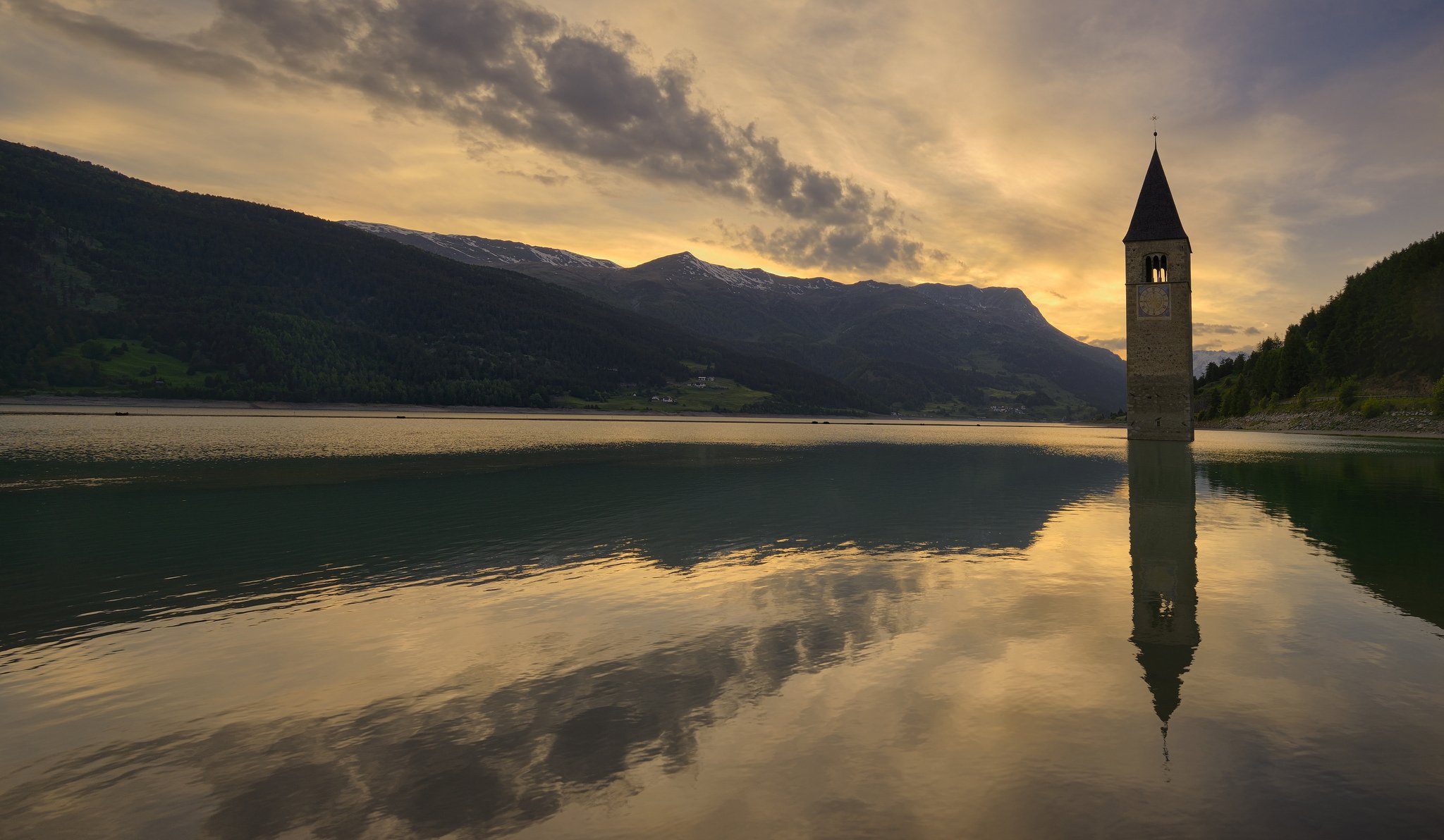 italy mountain lake the chapel night sunset