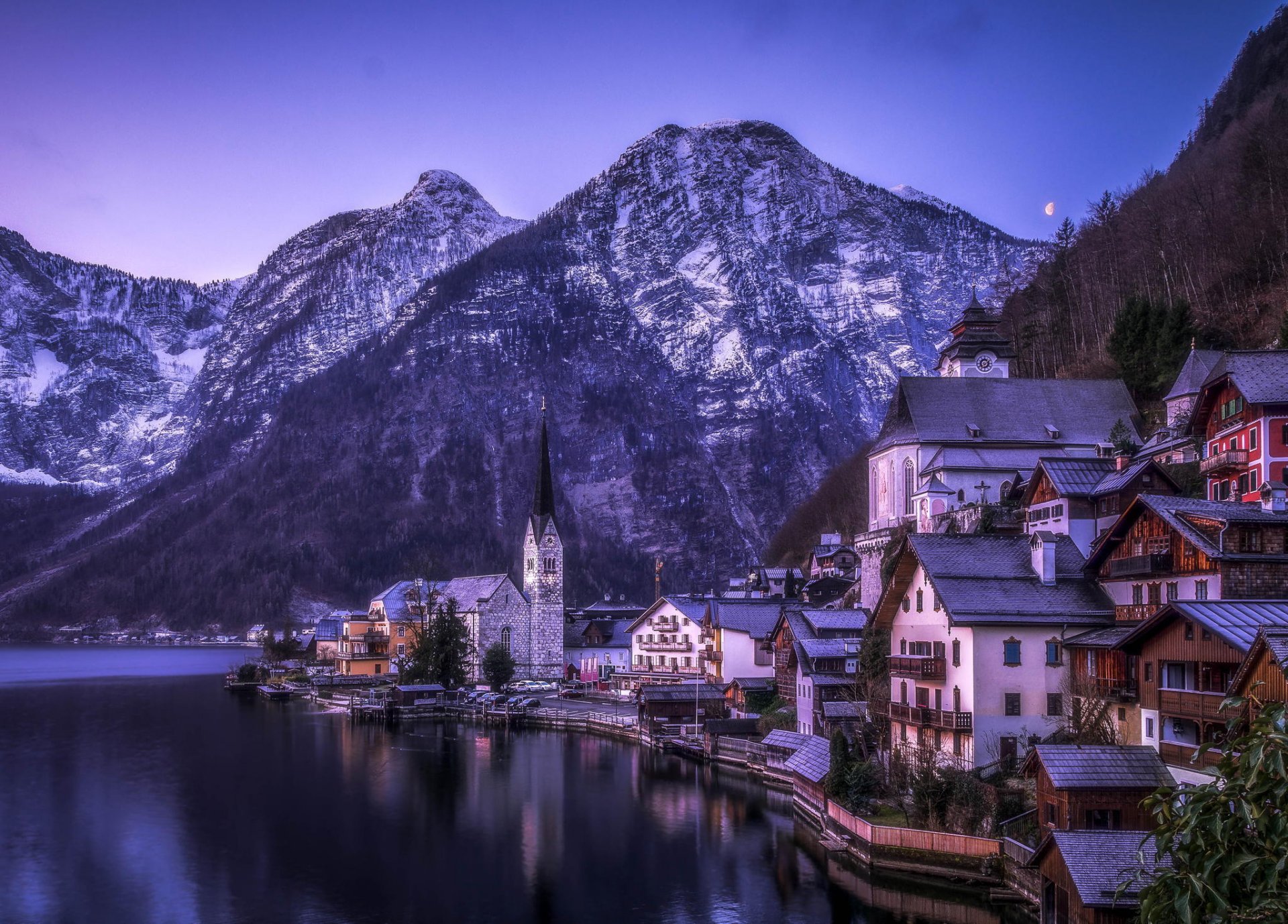 góry jezioro domy zima las przyroda hallstatt austria gmina wpisany na listę unesco alpy