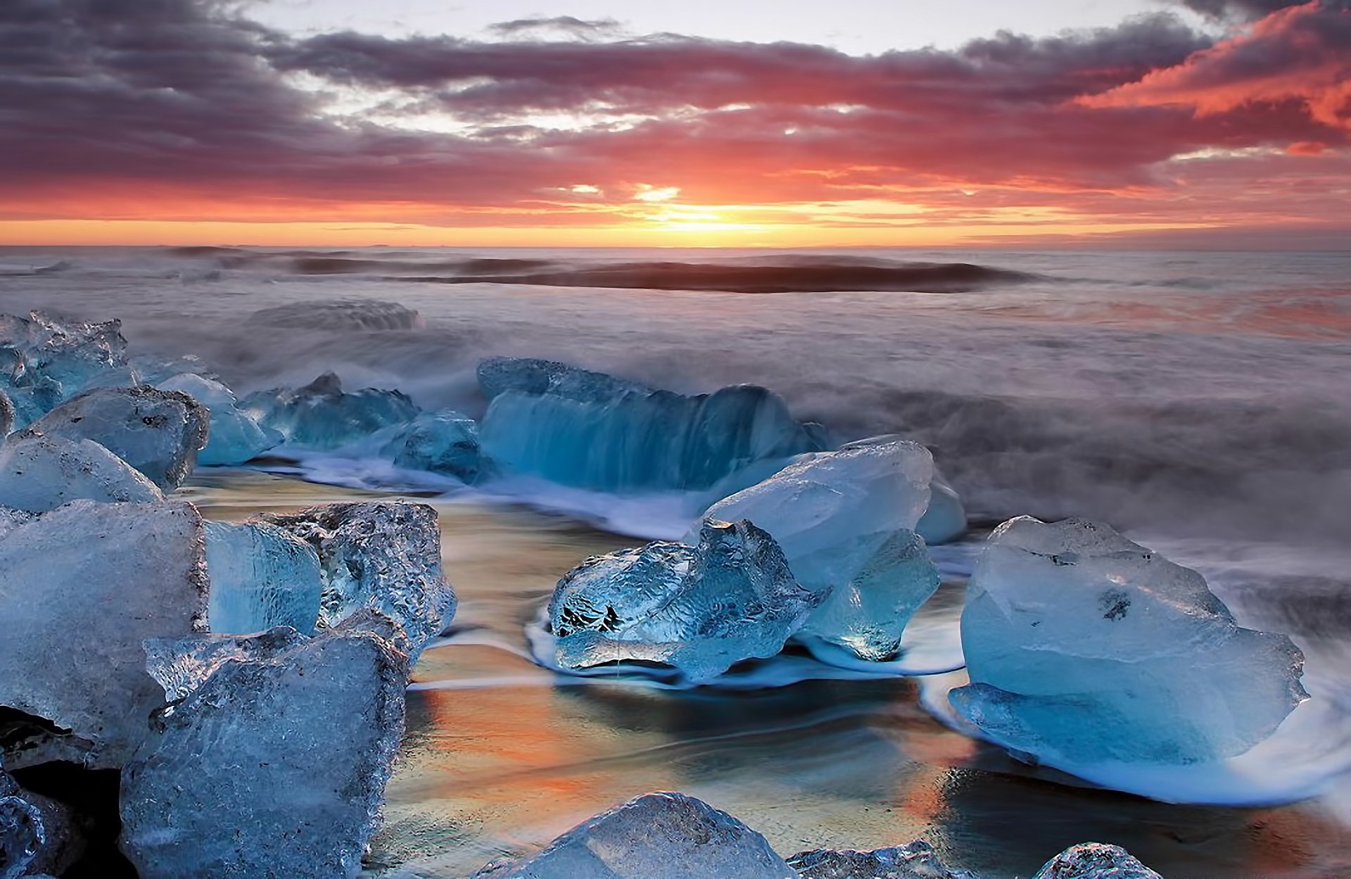 landscape sunset next waves sky clouds iceland