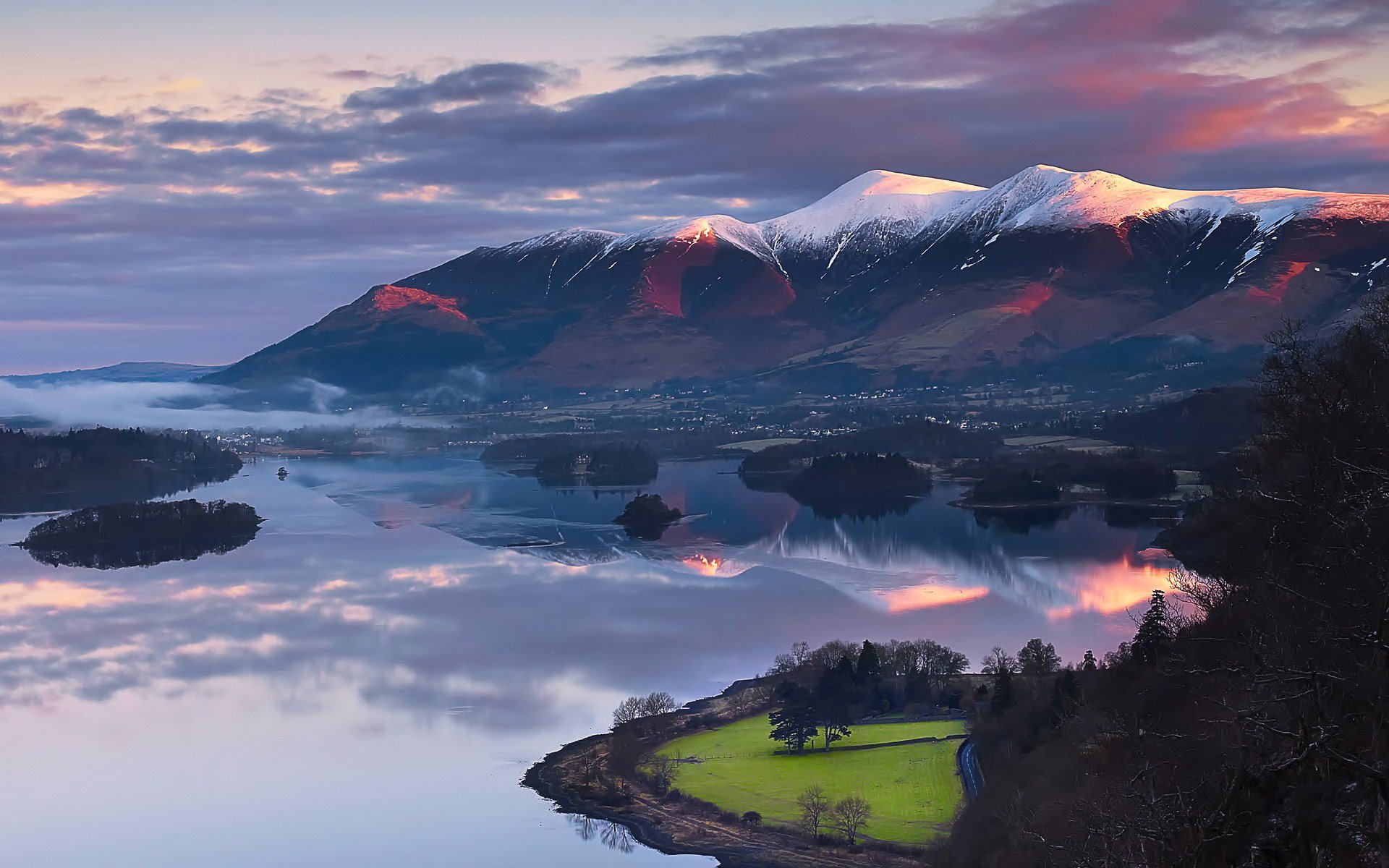 cielo sera montagne neve lago isola alberi