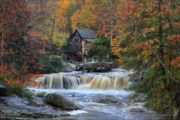 Moulin à eau au milieu de la forêt d automne