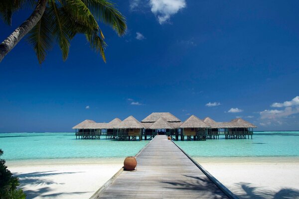 Playa de arena blanca y bungalows en el mar azul