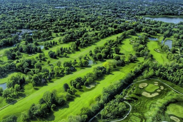 De la hauteur du vol, vous pouvez voir un beau paysage avec des champs et des étangs