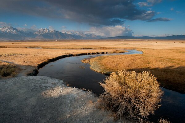 Blue clouds and a shallow river