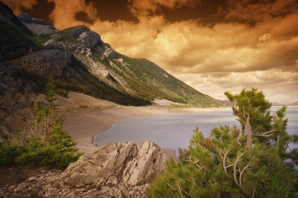 Clouds rocky seashore