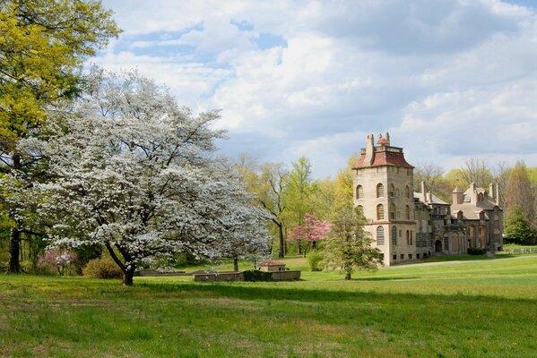 Printemps en Pennsylvanie. Arbres en fleurs près du château