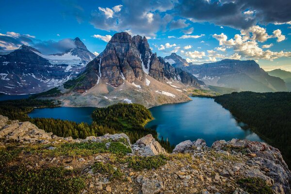 Lac de montagne sur fond de ciel nuageux