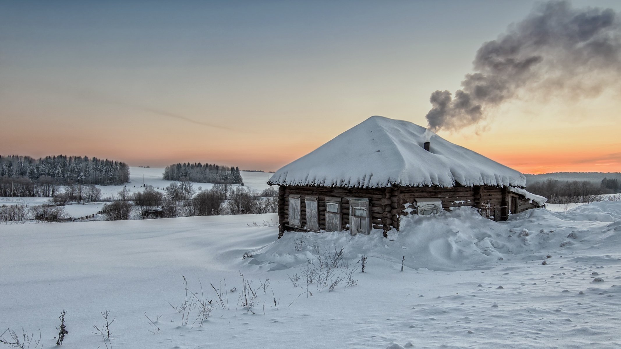 winter house sunset landscape