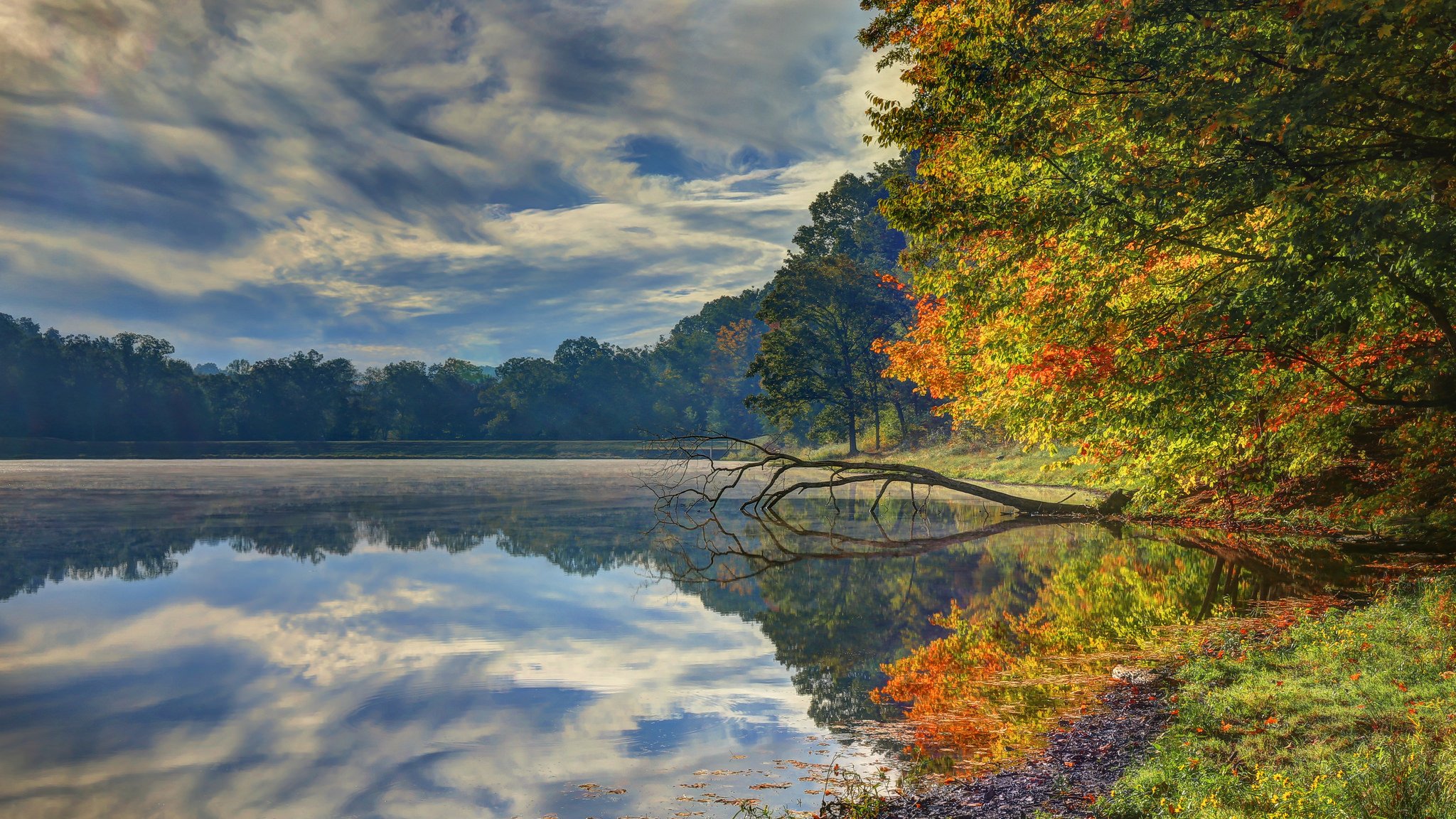 nature sky clouds river water forest park trees leaves colorful autumn fall colors walk mountain