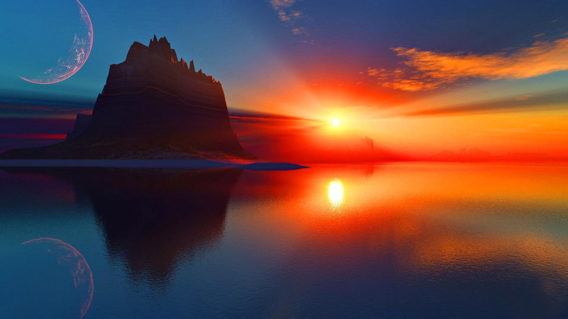 ky clouds sunset sun rays sea lake mountain rock planet space