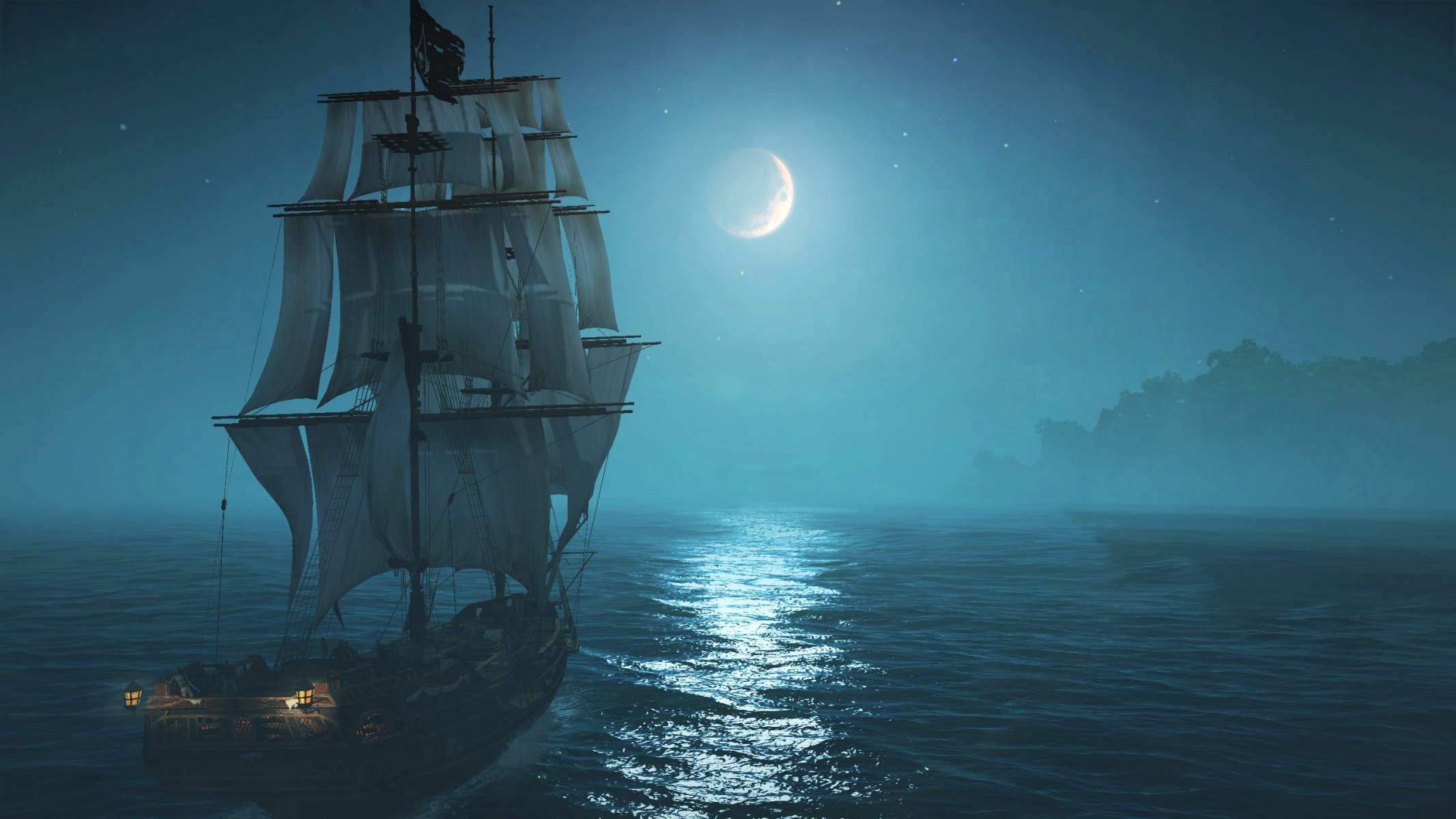 himmel mond nebel bäume meer schiff segelboot lichter