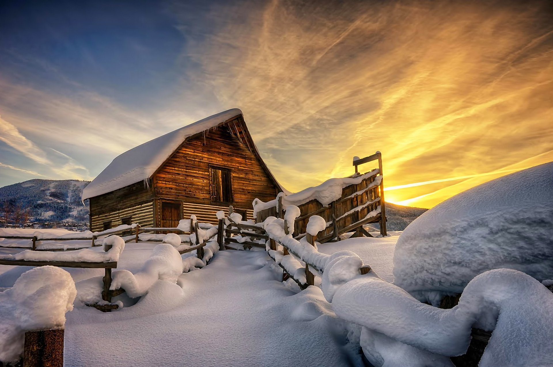 winter snow house snowdrift mountains sky clouds sunset