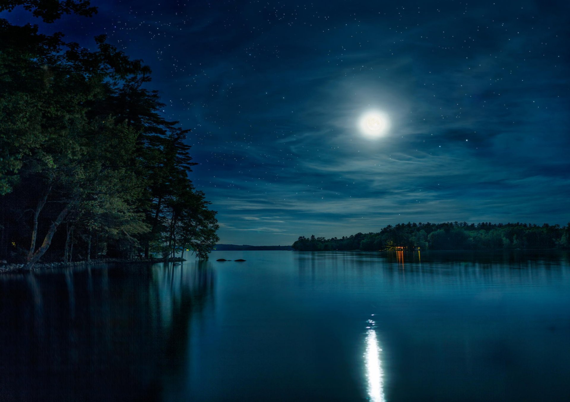 nacht see mond himmel sterne natur wald