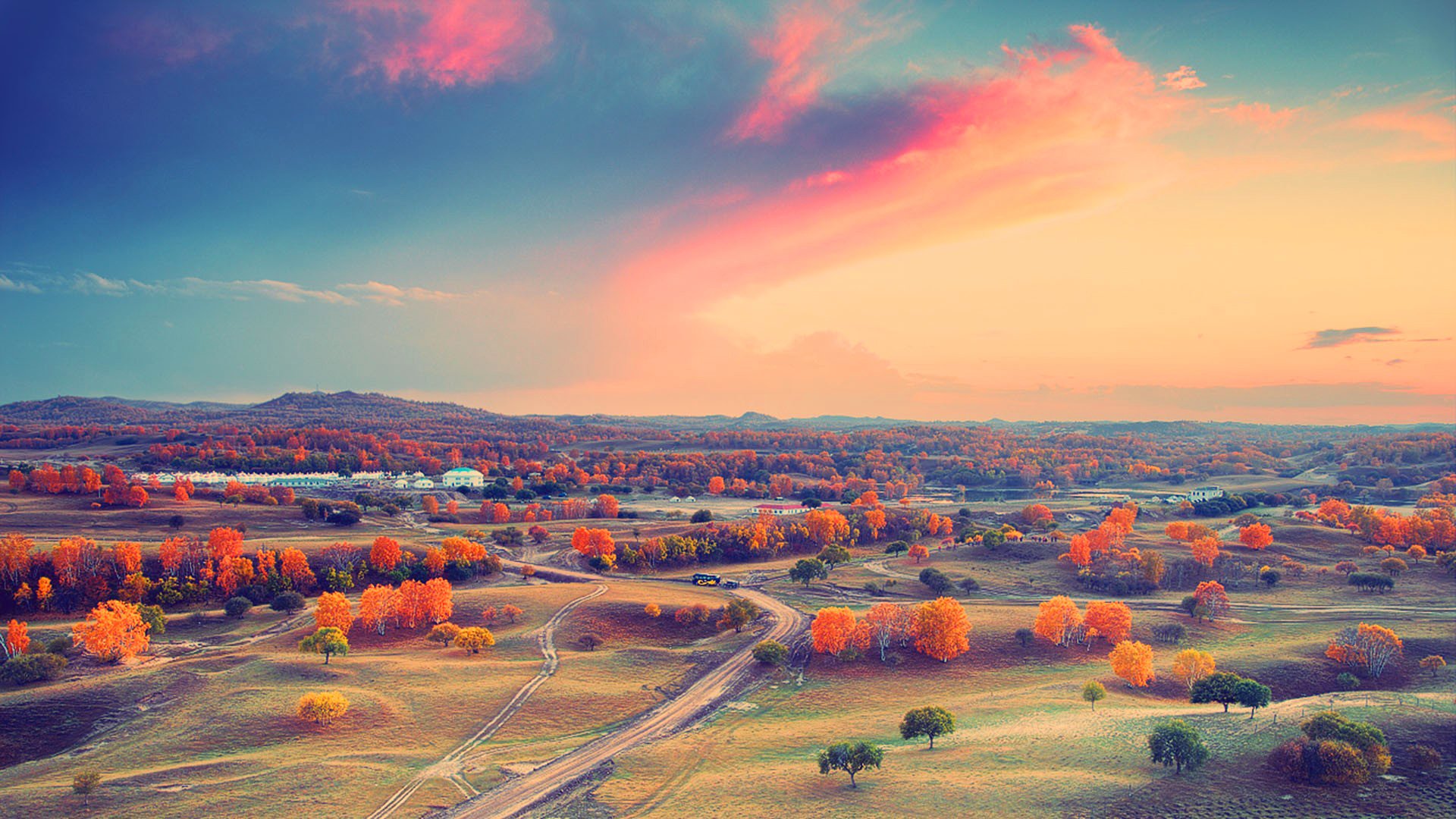 ky clouds sunset mountain horizon valley tree house autumn