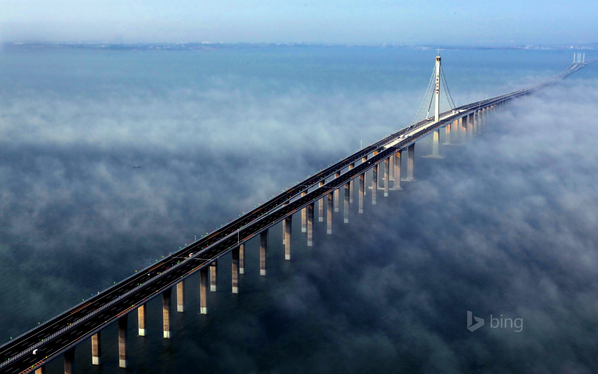 meer brücke stütze china himmel nebel