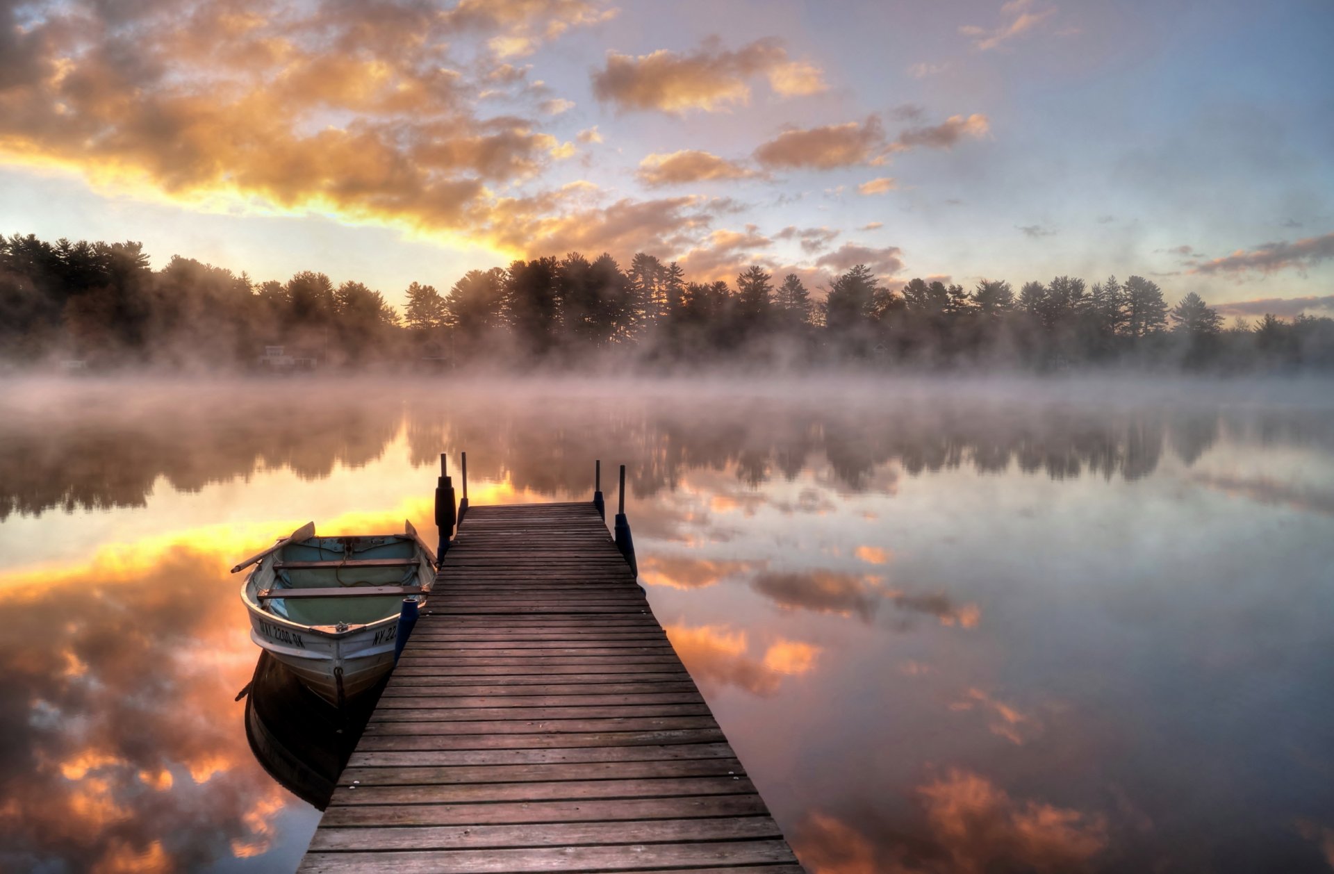 lake morning fog bridge boat