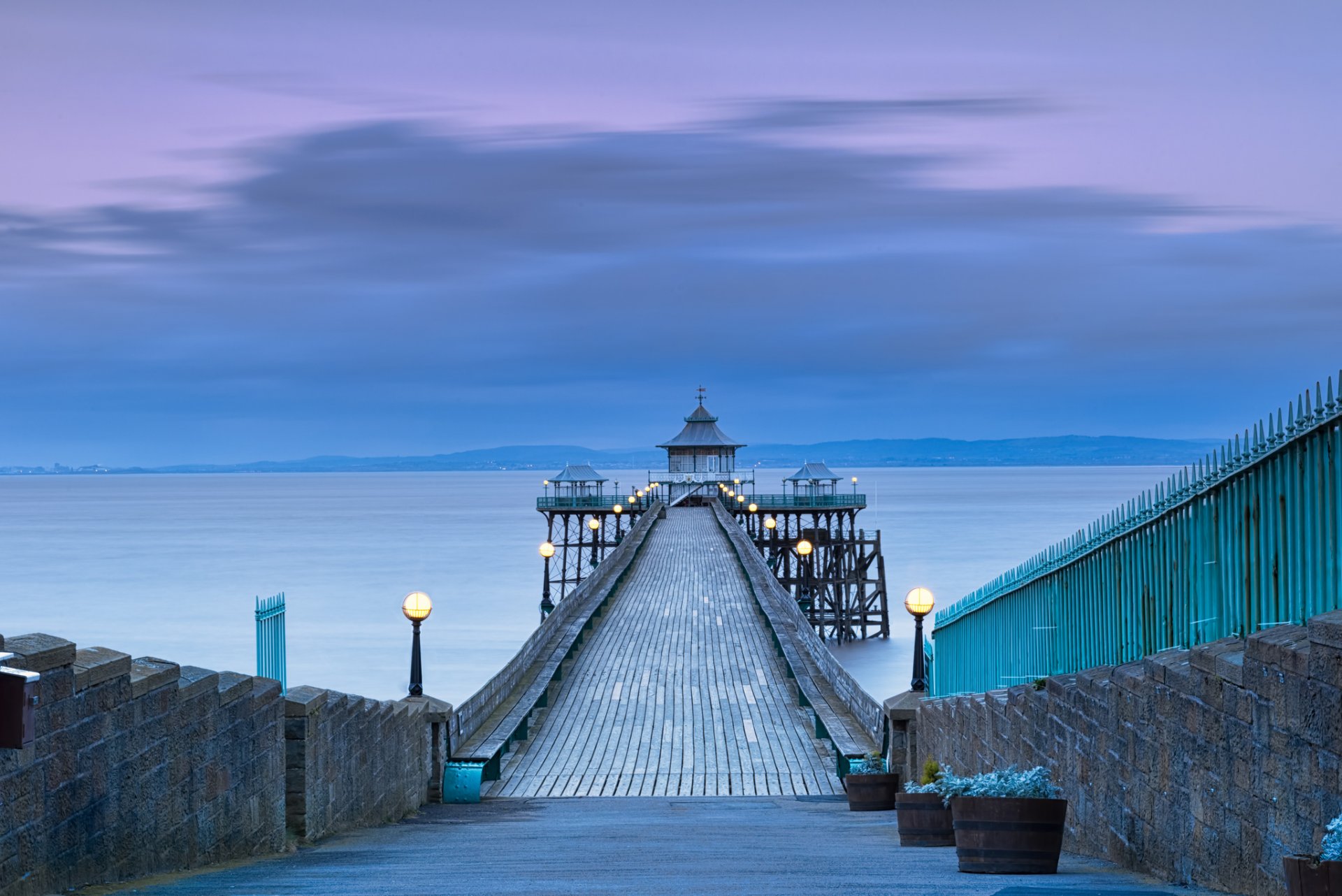 reino unido inglaterra somerset condado bahía muelle linternas noche lila cielo nubes