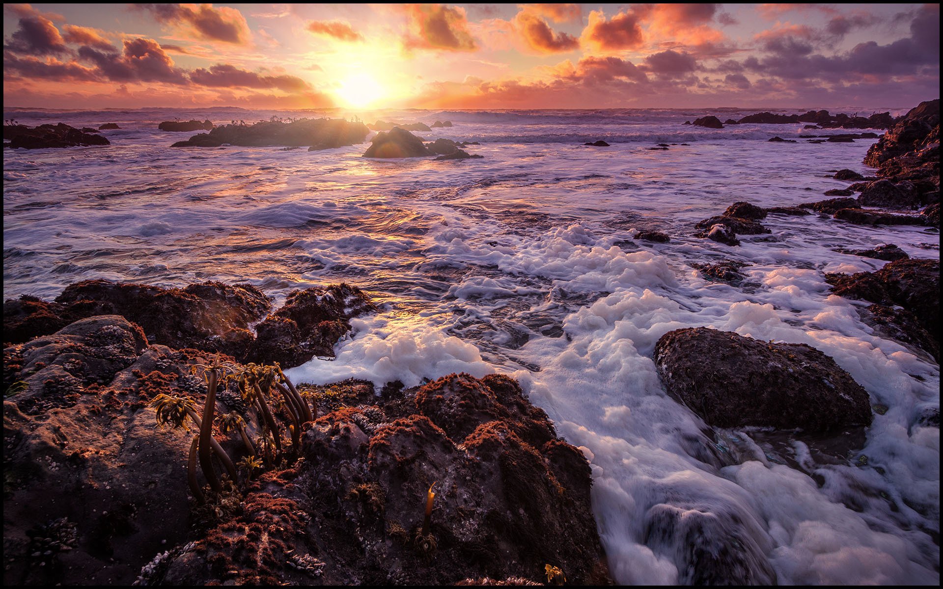 ea beach stones waves foam sun clouds sunset