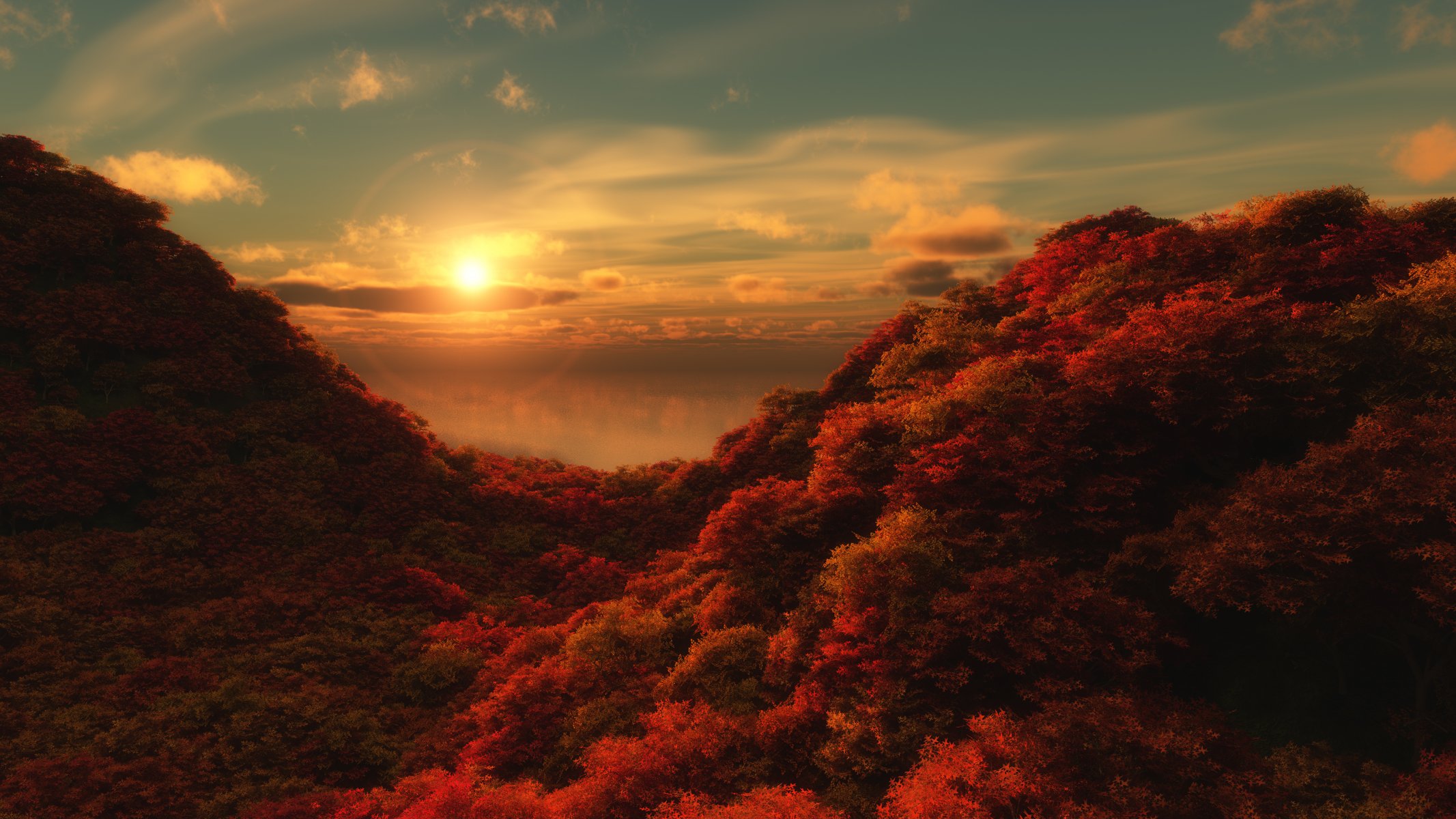 landscape autumn mountain hills slope ravine hollow crown red crimson forest sea water reflection peace and quiet horizon sun halo aura heavenly blue cirrus laminates cumulus clouds