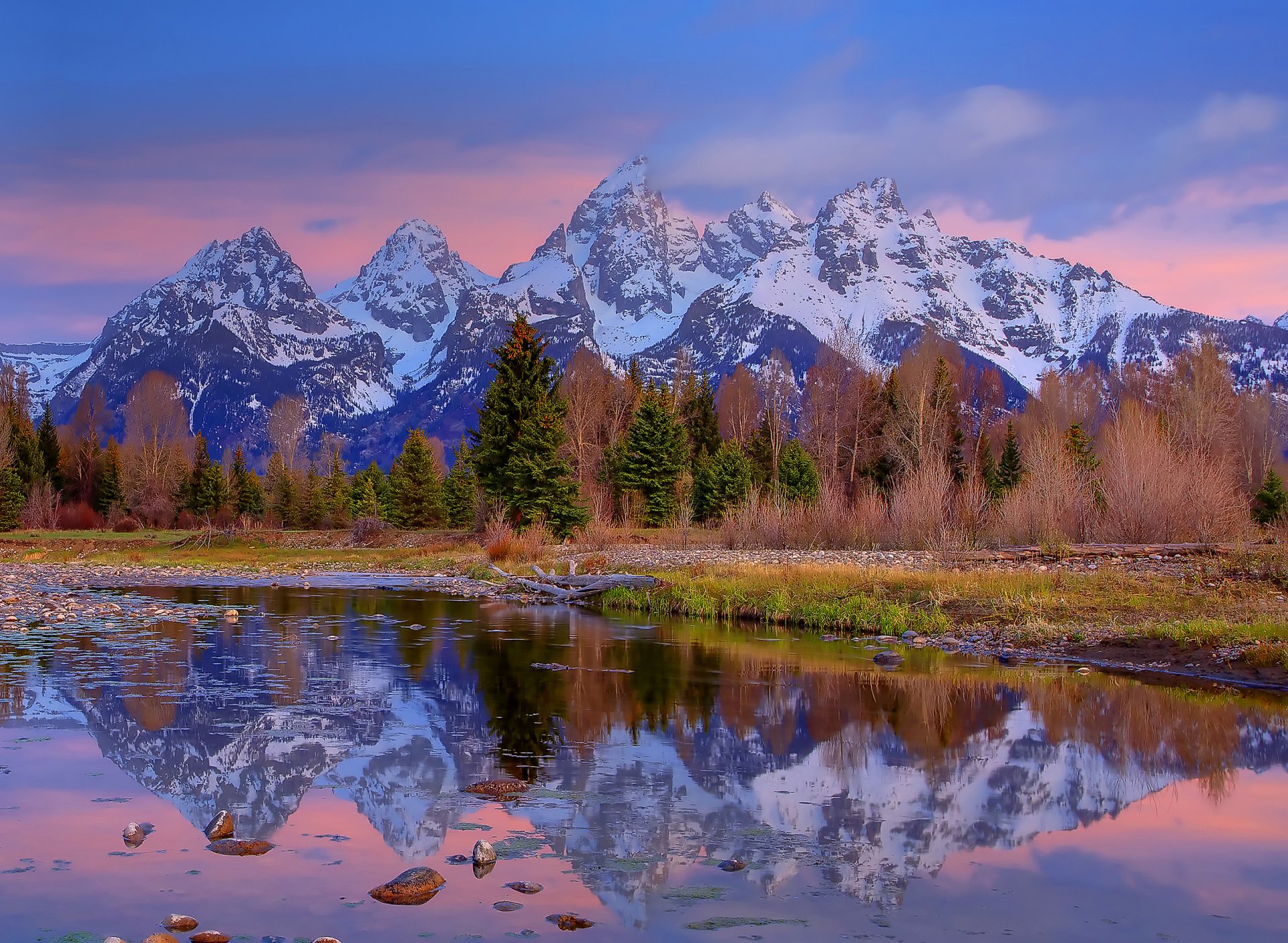 wyoming united states sky clouds mountain forest river nature lake stones tree