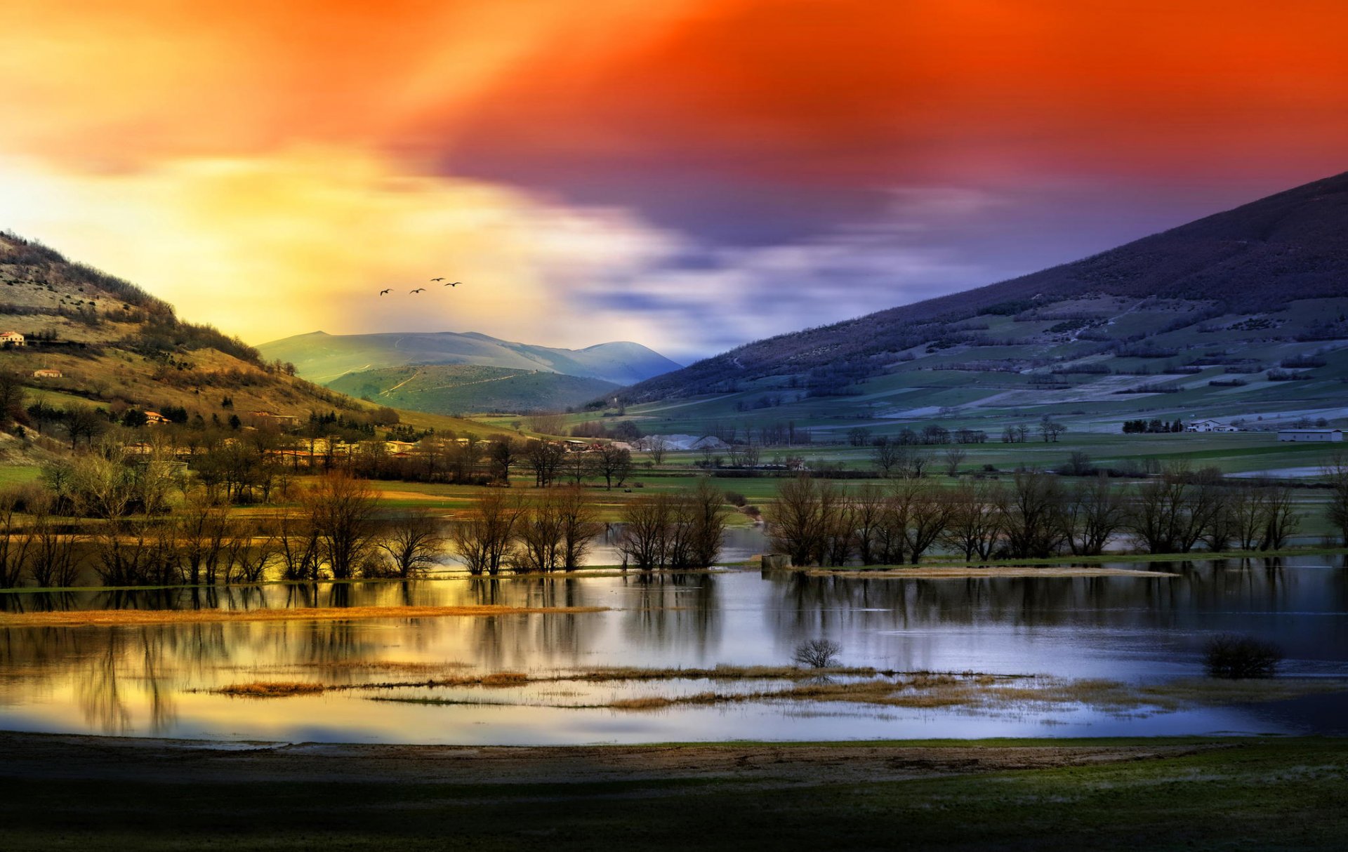 paisaje montañas agua árboles cielo aves