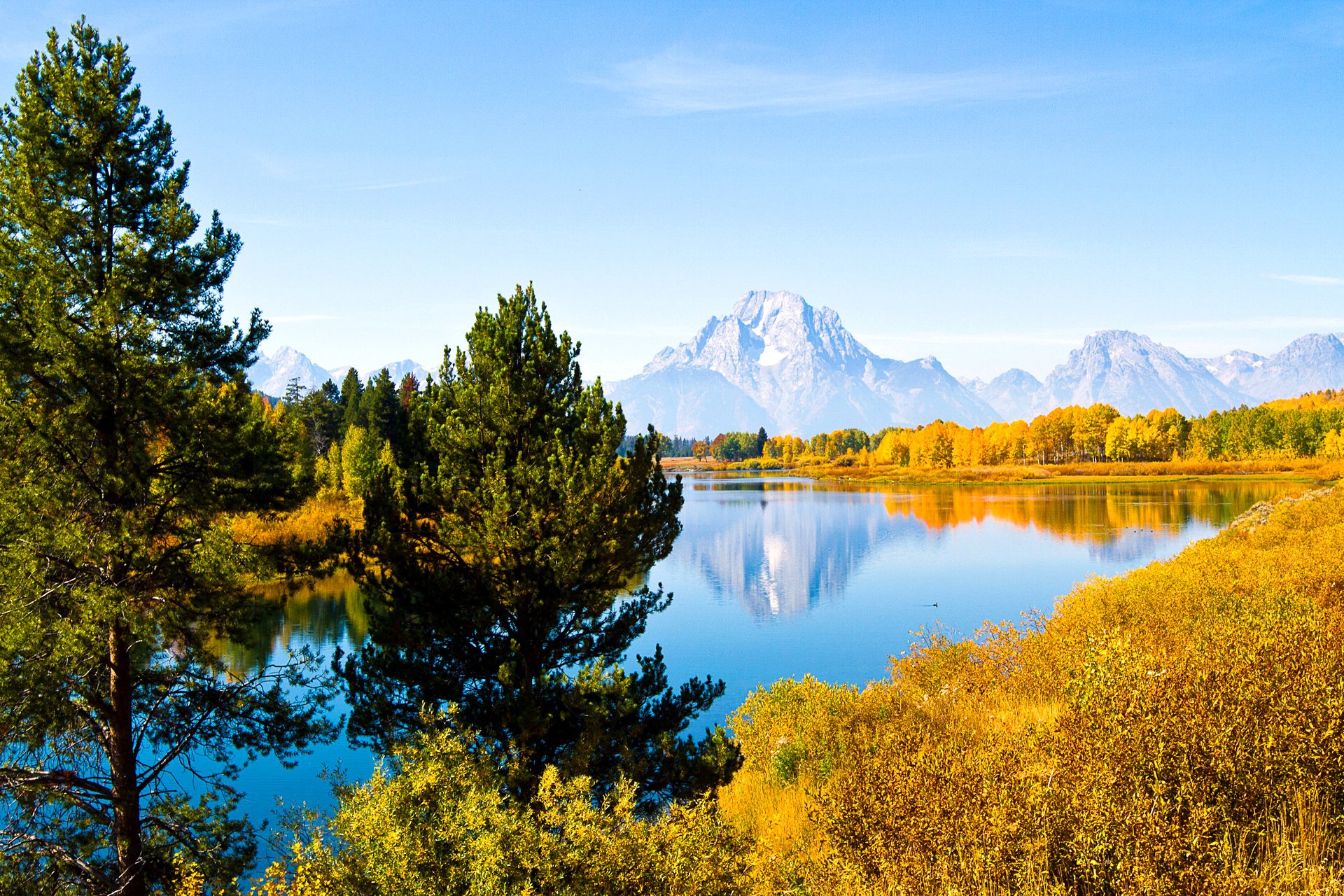 grand teton national park wyoming usa arbres montagnes lac ciel nuages automne