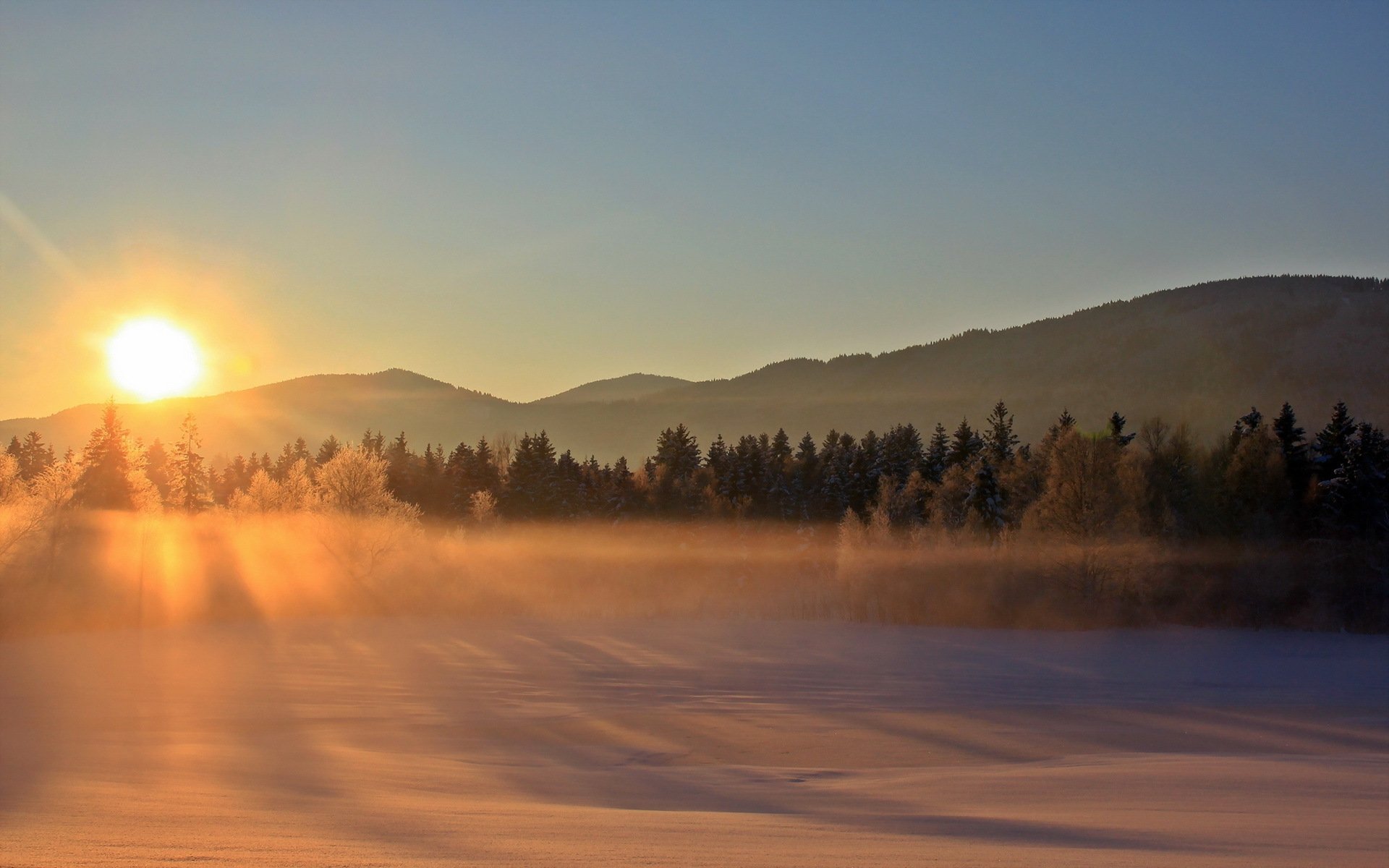 coucher de soleil hiver brouillard paysage