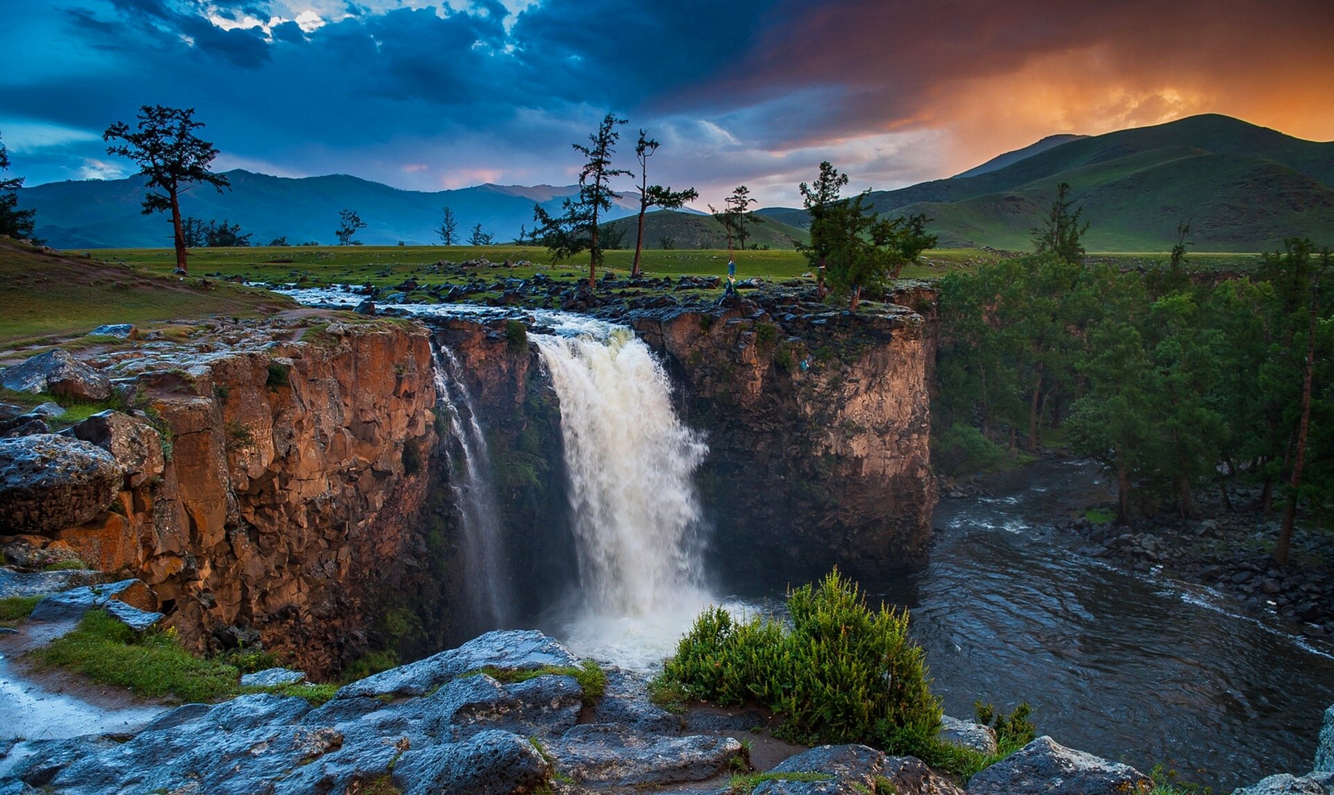 mongolia sky clouds clouds sunset river waterfall trees mountains nature