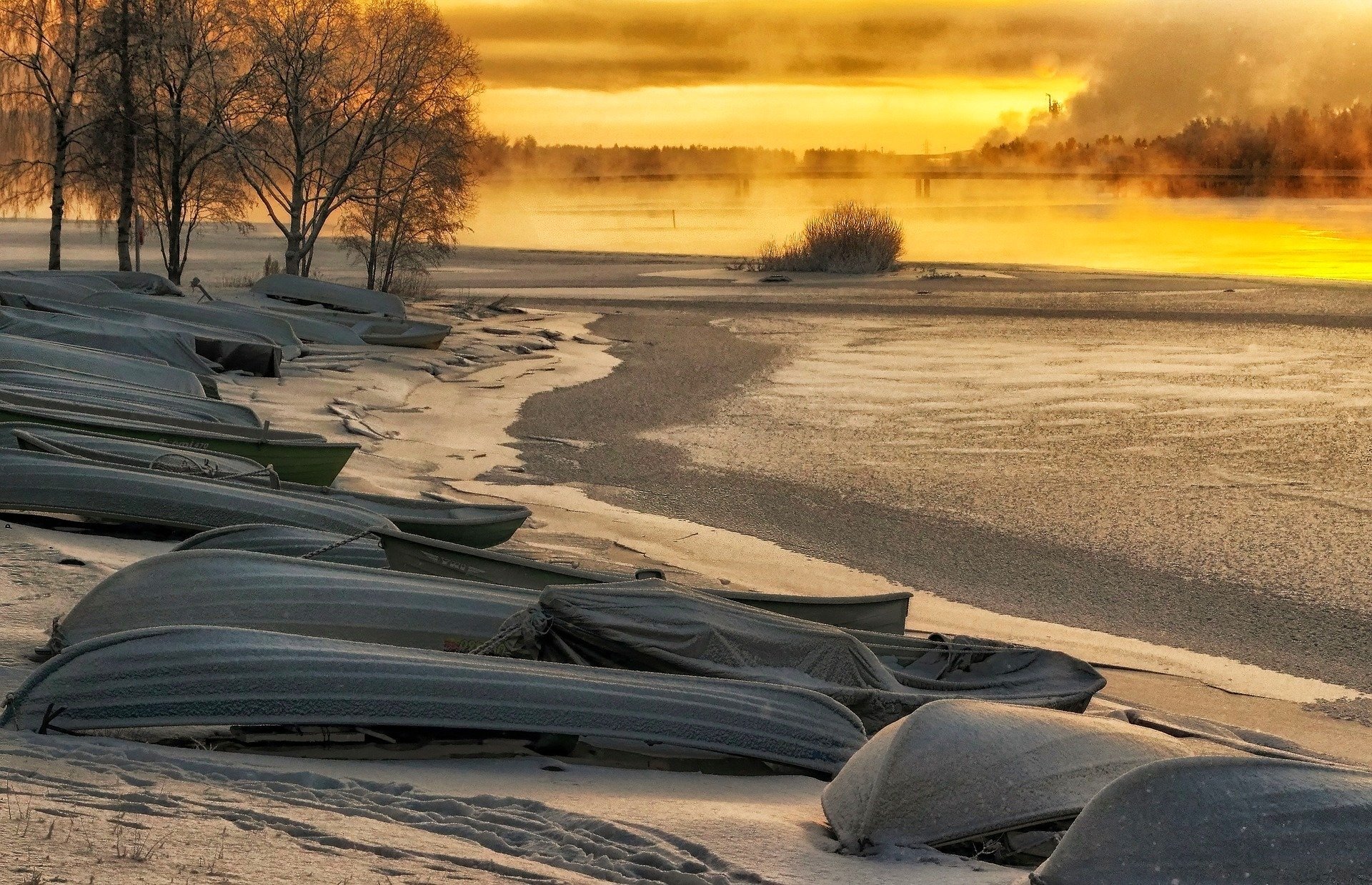 nature boat river tree mountain landscape sky sunset winter snow boats tree