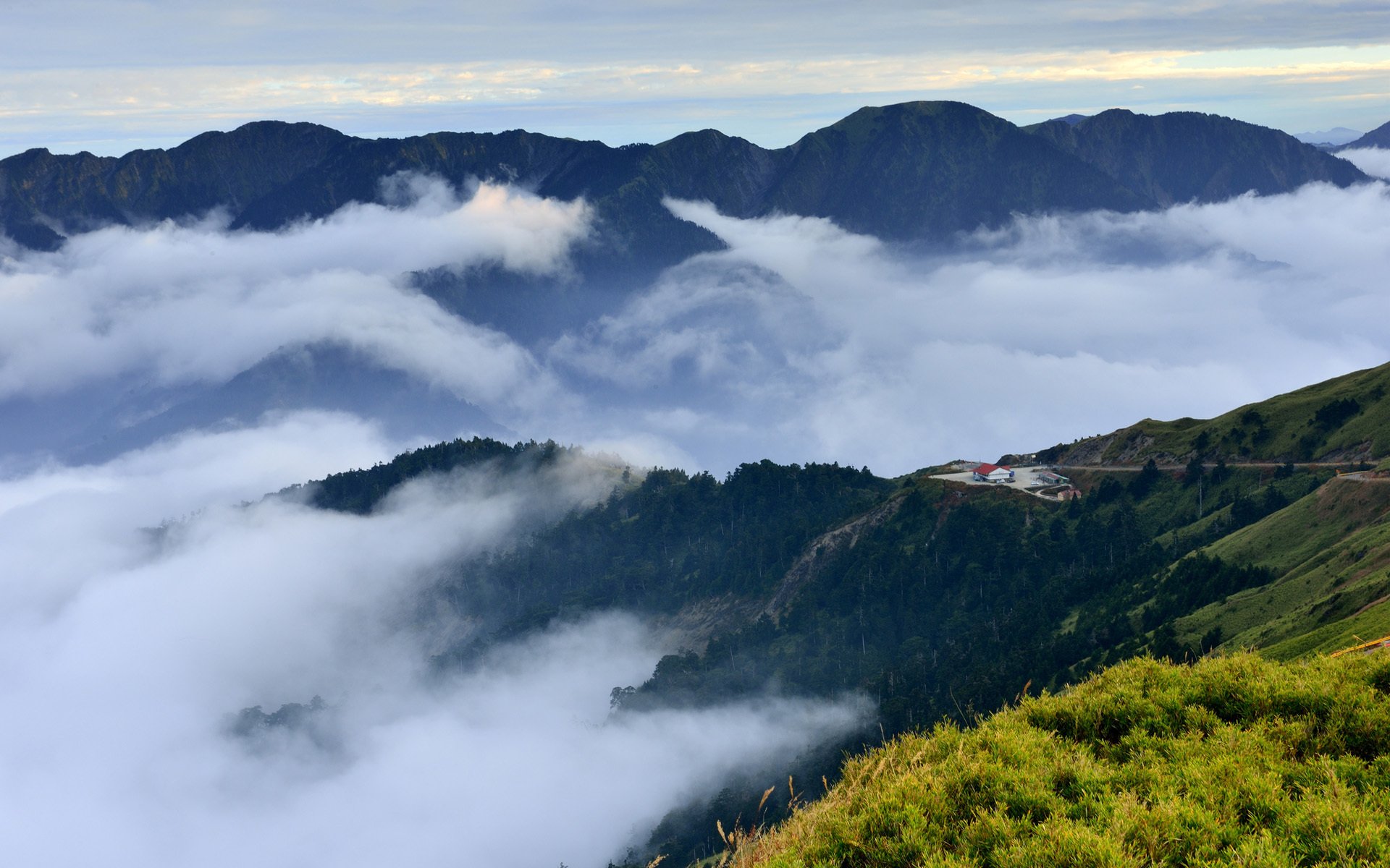 hills height clouds fog house view