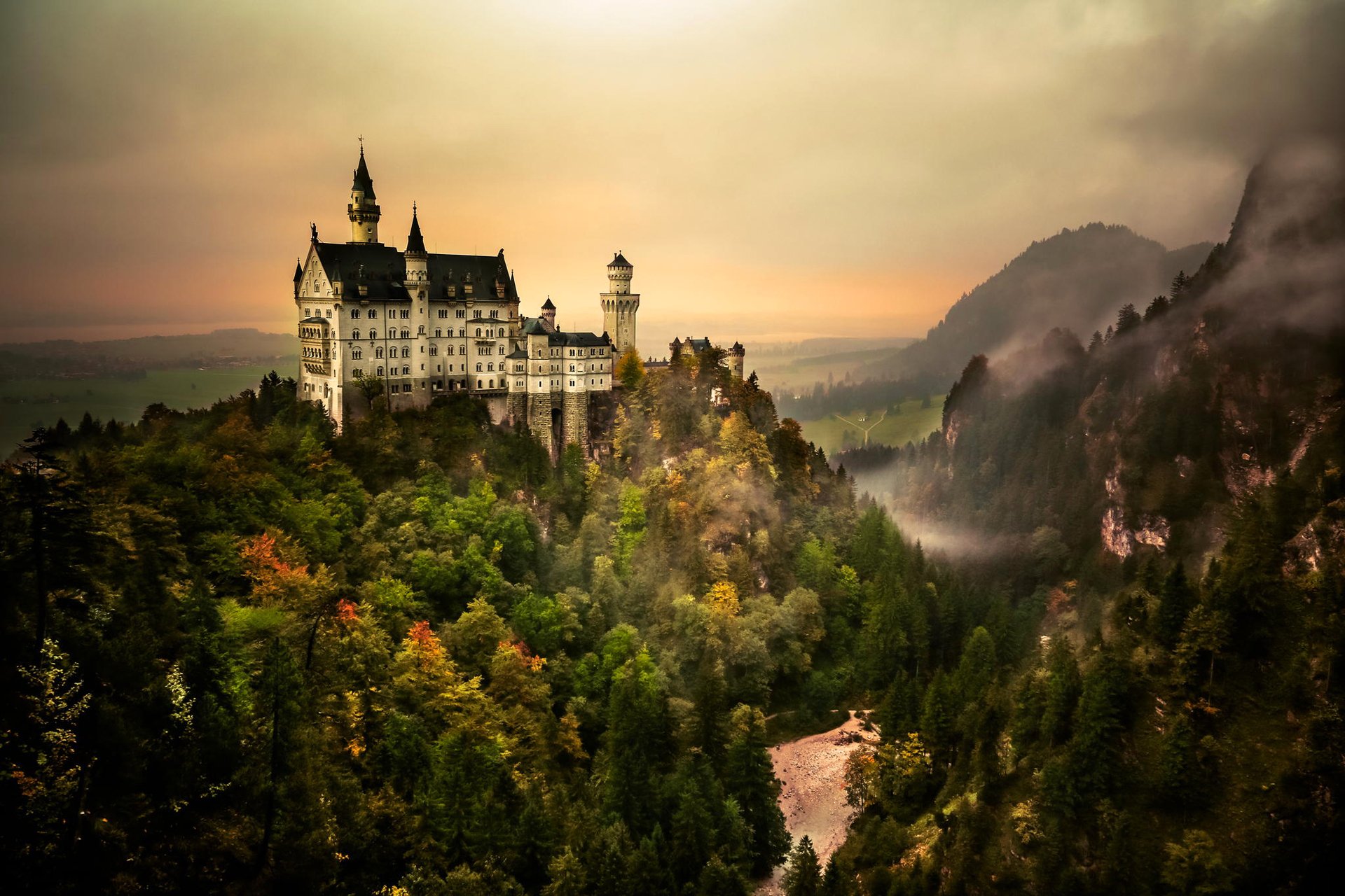 neuschwanstein germany bayern munich castle sky mountain forest wood
