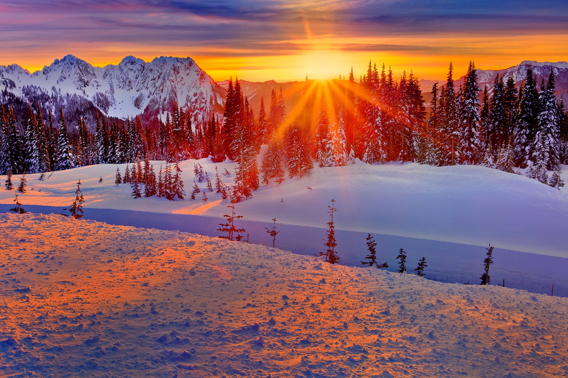 washington états-unis hiver montagnes forêt arbres neige coucher de soleil ciel soleil rayons
