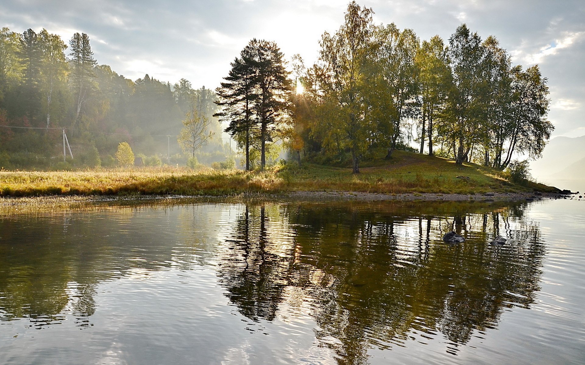 lac île brouillard matin paysage