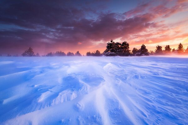 Plaine enneigée sur fond de coucher de soleil