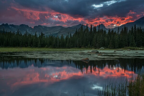 El reflejo de las nubes en el río en el fondo de las montañas y el bosque