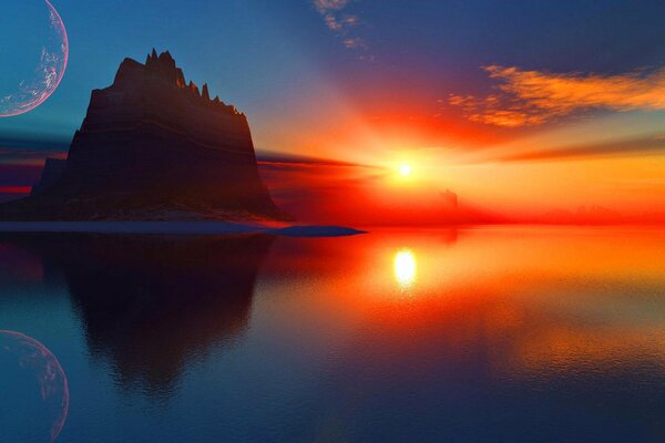 Puesta de sol del lago sobre un lago liso en el que se refleja el planeta