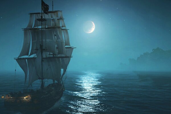 Voilier solitaire navigue dans le brouillard