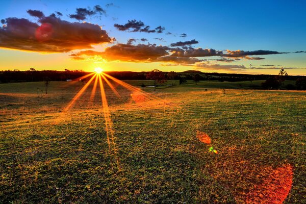 The horizon in the rays of the sun at sunset nature