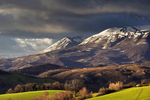 Grünes Tal auf dem Hintergrund der Berge