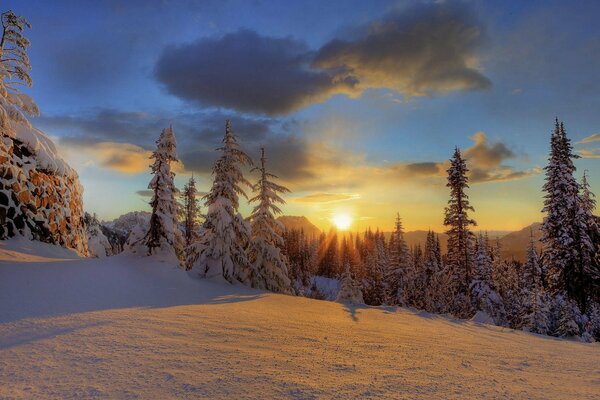 National Park in winter at sunset